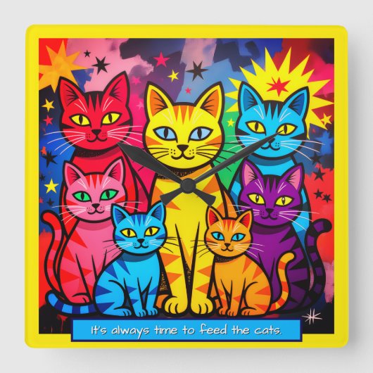 モダンポップアートのカラフルな猫 スクエア壁時計 (正面)