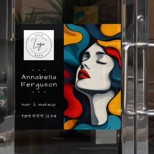 モダンポップアートレトロ カラフルな髪 メイクアップ ロゴ ウィンドウサイン