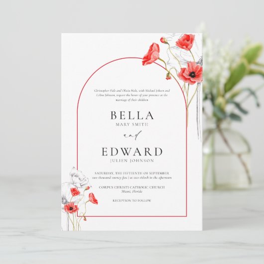 モダンポピー赤い水の色の花フォーマル結婚の 招待状 (スタンド正面)
