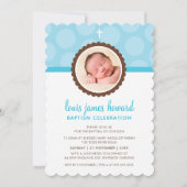 モダンポルカドット柄の青い服の少年　写真　洗礼 招待状 (正面)