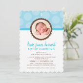 モダンポルカドット柄の青い服の少年　写真　洗礼 招待状 (スタンド正面)