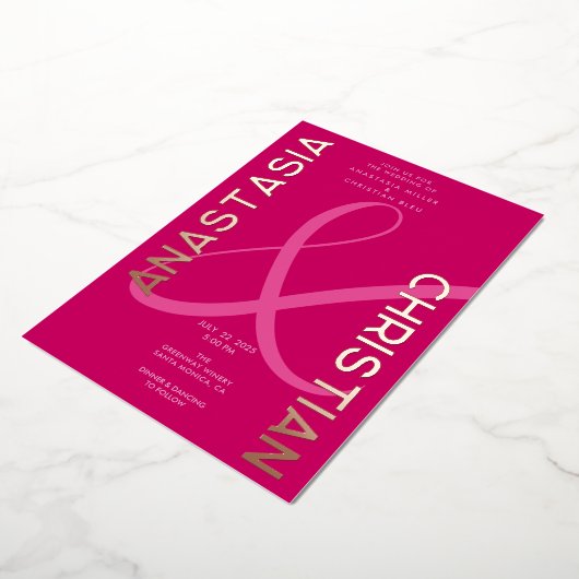 モダンマはっきりしたゼンタ結婚ン 箔招待状 (回転した状態)