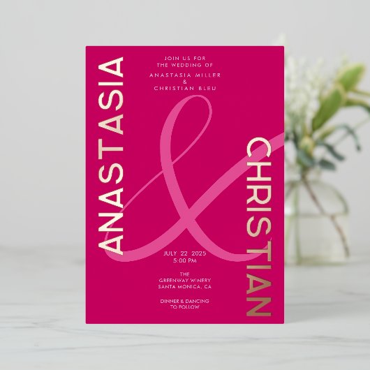 モダンマはっきりしたゼンタ結婚ン 箔招待状 (立ち正面)