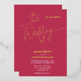 モダンマゼンタレッド結婚のミニマル 箔招待状