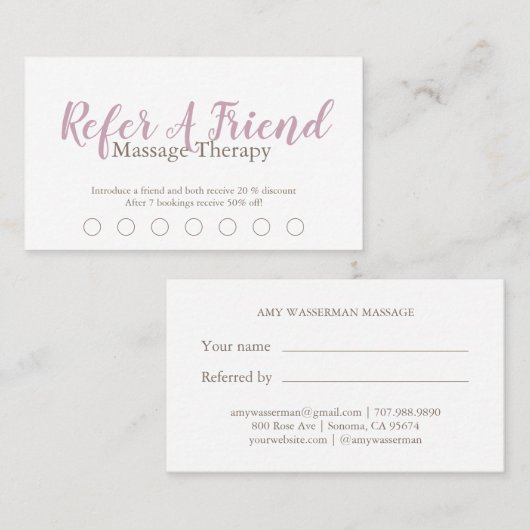モダンマッサージセラピストスクリプト赤面ピンク ロイヤリティカード (正面/裏面)