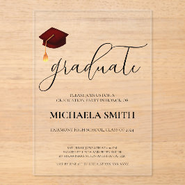 モダンマルーンのキャップ 高校卒業パーティー アクリル招待状
