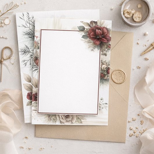 モダンマルーン花柄ブランクウェディング 招待状