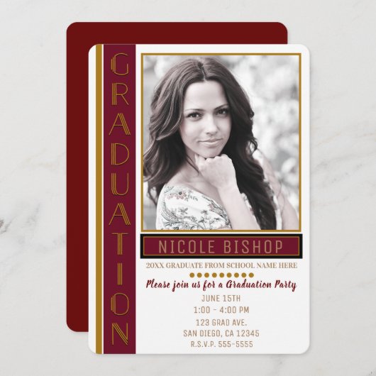モダンマルーン金ゴールド卒業パーティー卒業写真 招待状 (正面/裏面)