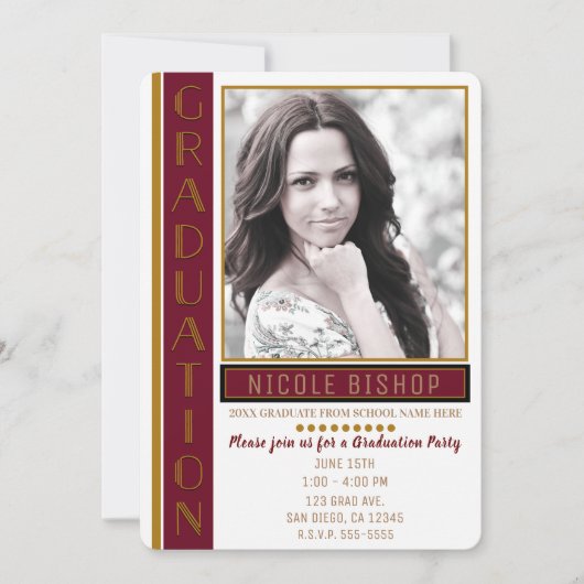 モダンマルーン金ゴールド卒業パーティー卒業写真 招待状 (正面)