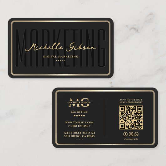 モダンマーケティング黒エレガント金ゴールドフレ縁どーム 名刺 (正面/裏面)