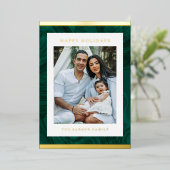 モダンマーブルグリーン&金ゴールドホリデーフォトカード 箔シーズンカード (立ち正面)