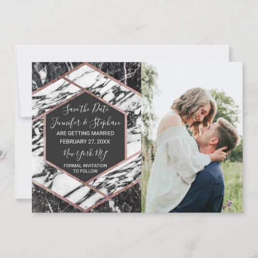 モダンマーブル ローズゴールドトリム ヘキサゴン サンキューカード 招待状 (正面)