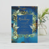 モダンミッドナイトブルー金ゴールド緑の結婚式 招待状 (スタンド正面)