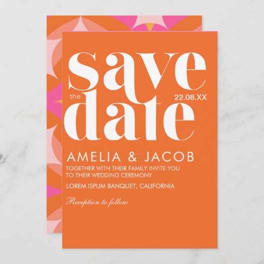 モダンミニマはっきりしたリストおもしろいブライト結婚オレンジ セーブザデート (正面/裏面)