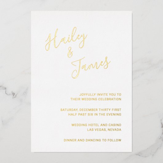 モダンミニマエレガントシンプル結婚リスト金ゴールド 箔招待状 (正面)