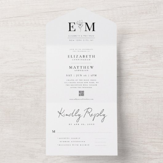 モダンミニマエレガントリストの葉QRコー結婚ド オールインワン招待状 (内側)