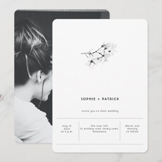 モダンミニマエレガントリストMagnolias Photo結婚's 招待状 (正面/裏面)