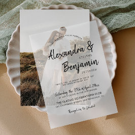 モダンミニマカジュアルリス結婚トのオーバーレイ ベラム紙招待状