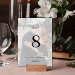 モダンミニマカスタムル写真結婚の テーブルナンバー<br><div class="desc">上品な書道台本シンプル文字シックな黒と白のオーバーレイ新郎新婦の名前と写真のテーブパーソナライズされたルの番号結婚。         番号を注文するに違うはカスタマイズ、1枚ずつショッピングカートに入れる必要があることに注意して下さい。</div>