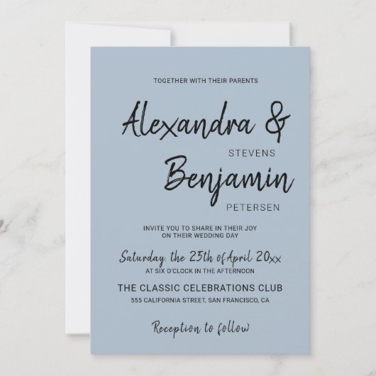 モダンミニマシンプルリストスクリプ結婚トdusty blue 招待状 (正面)
