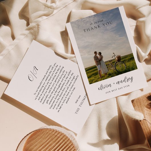 モダンミニマモノグラムのリ写真結婚の サンキューカード