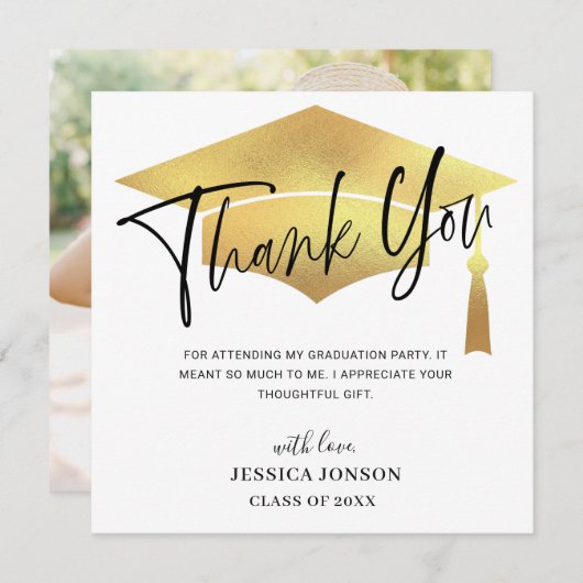 モダンミニマリストゴールデン卒業写真T サンキューカード (正面/裏面)