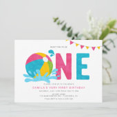 モダンミニマリストプールパーティの女の子ファーストバースデー 招待状 (スタンド正面)