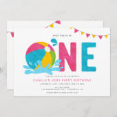 モダンミニマリストプールパーティの女の子ファーストバースデー 招待状 (正面/裏面)