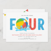 モダンミニマリストプールパーティー4歳誕生日 招待状 (正面/裏面)