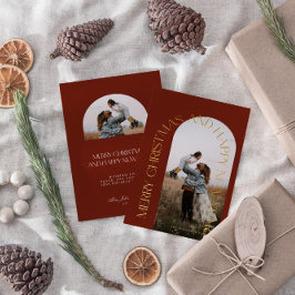 モダンミニマリスト赤いアーチ2枚の写真のクリスマスカード 箔シーズンカード