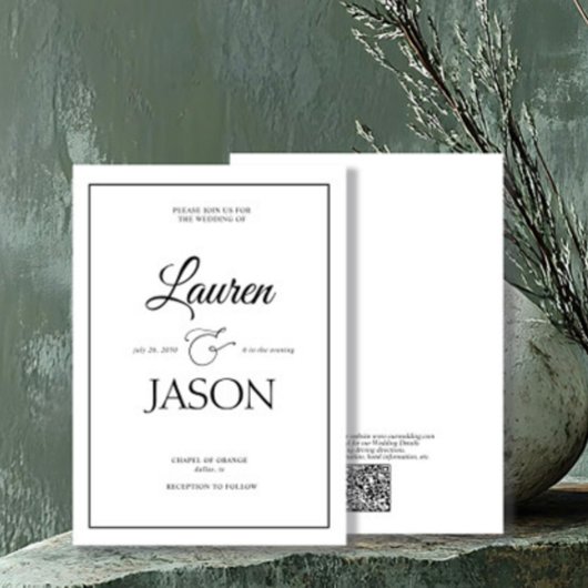 モダンミニマリストQRコードネームカリグラフィー ブラック 招待状