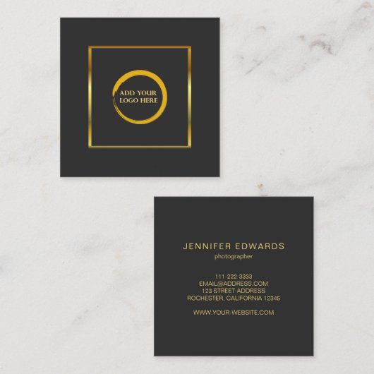 モダンミニマルなグレシンプルー金ゴールドロゴの追加 スクエア名刺 (正面/裏面)