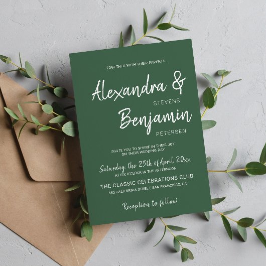モダンミニマルなスクリプ結婚トemerald green 招待状