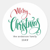 モダンミニマルなメリークリスマスの家族の名前 ラウンドシール (正面)