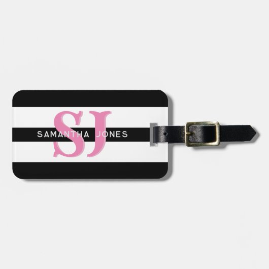 モダンミニマルはっきりしたストライプイニシャルピンクモノグラム ラゲッジタグ (正面横)