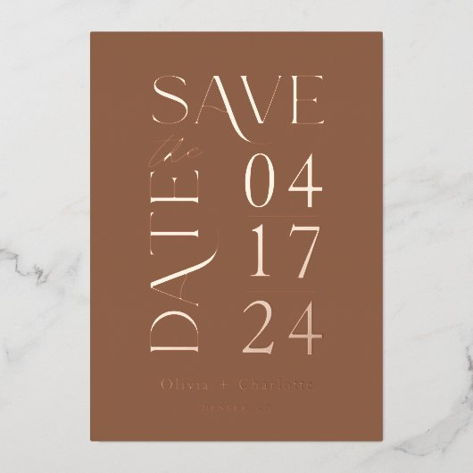 モダンミニマルはっきりした日付の入力を保存 箔招待状 (正面)