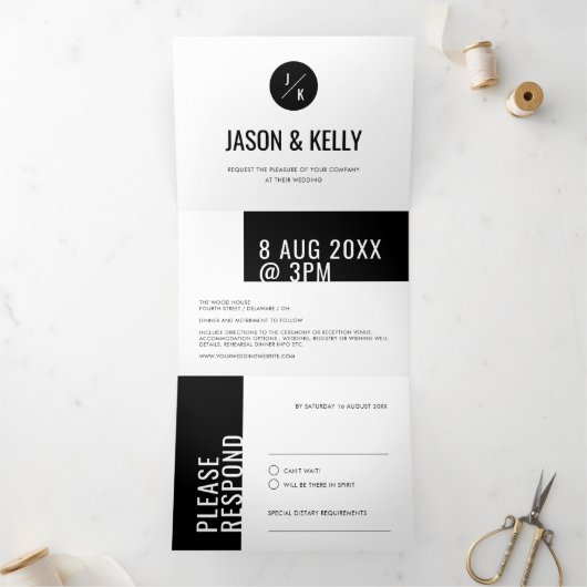 モダンミニマルはっきりした白黒ジオグシンプルア平野 三つ折り招待状 (内部)