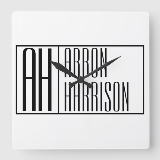 モダンミニマルイニシャルと名前ロゴ スクエア壁時計 (正面)