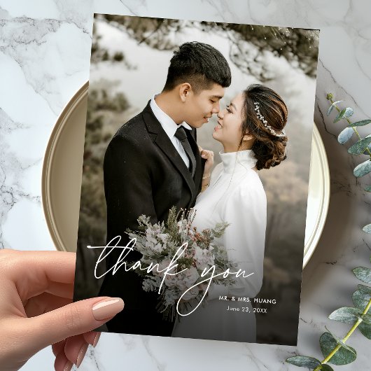 モダンミニマルエレガント縦写真結婚s サンキューカード