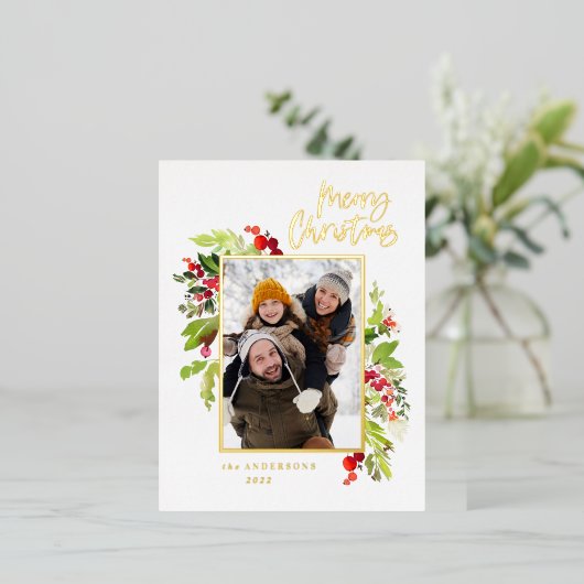 モダンミニマルエレガント葉写真 箔シーズンポストカード (立ち正面)