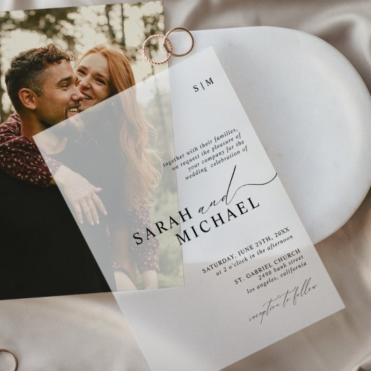 モダンミニマルエレガントClean Script Photo's 結婚. ベラム紙招待状