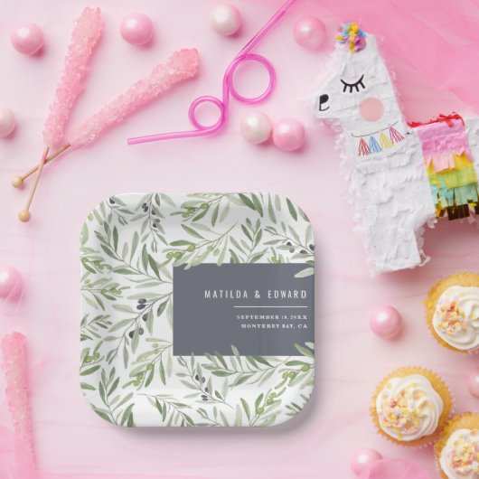 モダンミニマルオリーブ枝結婚植物薬 ペーパープレート (パーティー)