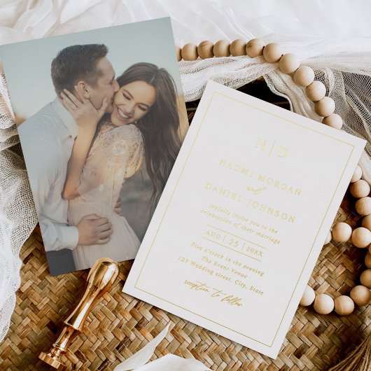 モダンミニマルオーバーレイ結婚写真 箔招待状