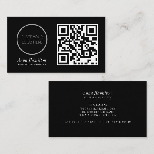 モダンミニマルカスタム会社ロゴQRコードブラック 名刺 (正面/裏面)