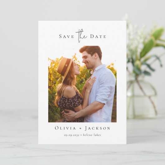 モダンミニマルカリグラフィーフォトウェディング セーブザデート (スタンド正面)