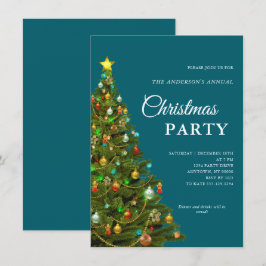 モダンミニマルクリスマスツリーティール（緑がかった色）パーティー 招待状