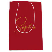 モダンミニマルクリスマス赤名前をカスタムする ミディアムペーパーバッグ (正面)