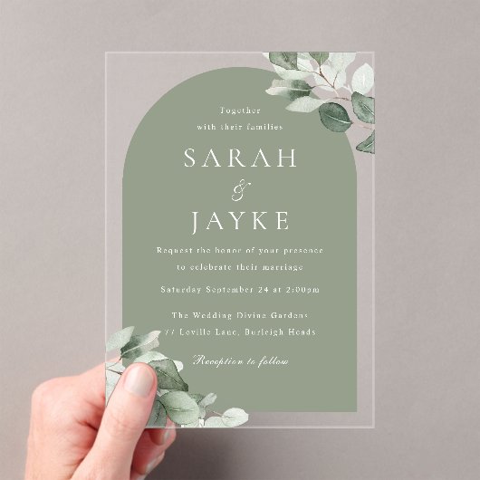 モダンミニマルグリーンリーフサージアーチ結婚ーズ アクリル招待状 (インサイチュ (ポータブル))