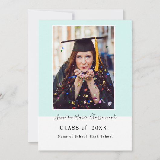 モダンミニマルシンプルアクアティール（緑がかった色）ブルー卒業 案内状 (正面)