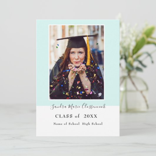 モダンミニマルシンプルアクアティール（緑がかった色）ブルー卒業 案内状 (スタンド正面)